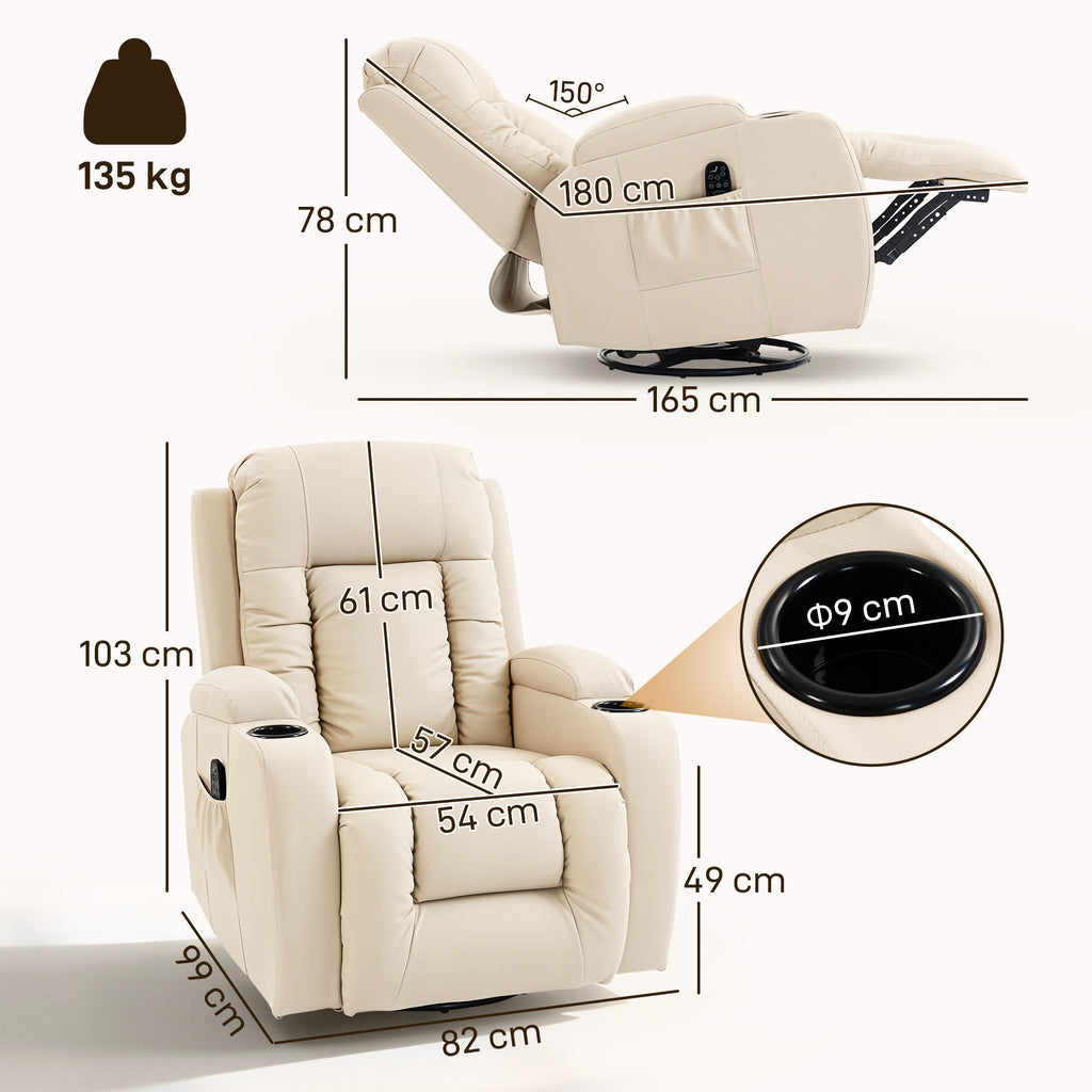 PU Leather Recliner Chair, Recliner Armchair with Extended Footrest, Cup Holders and Side Pockets, Cream