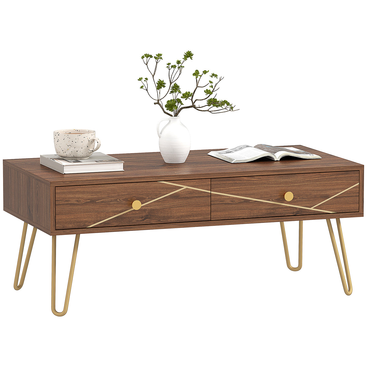 100 cm Coffee Table with 2 Drawers – Brown & Gold