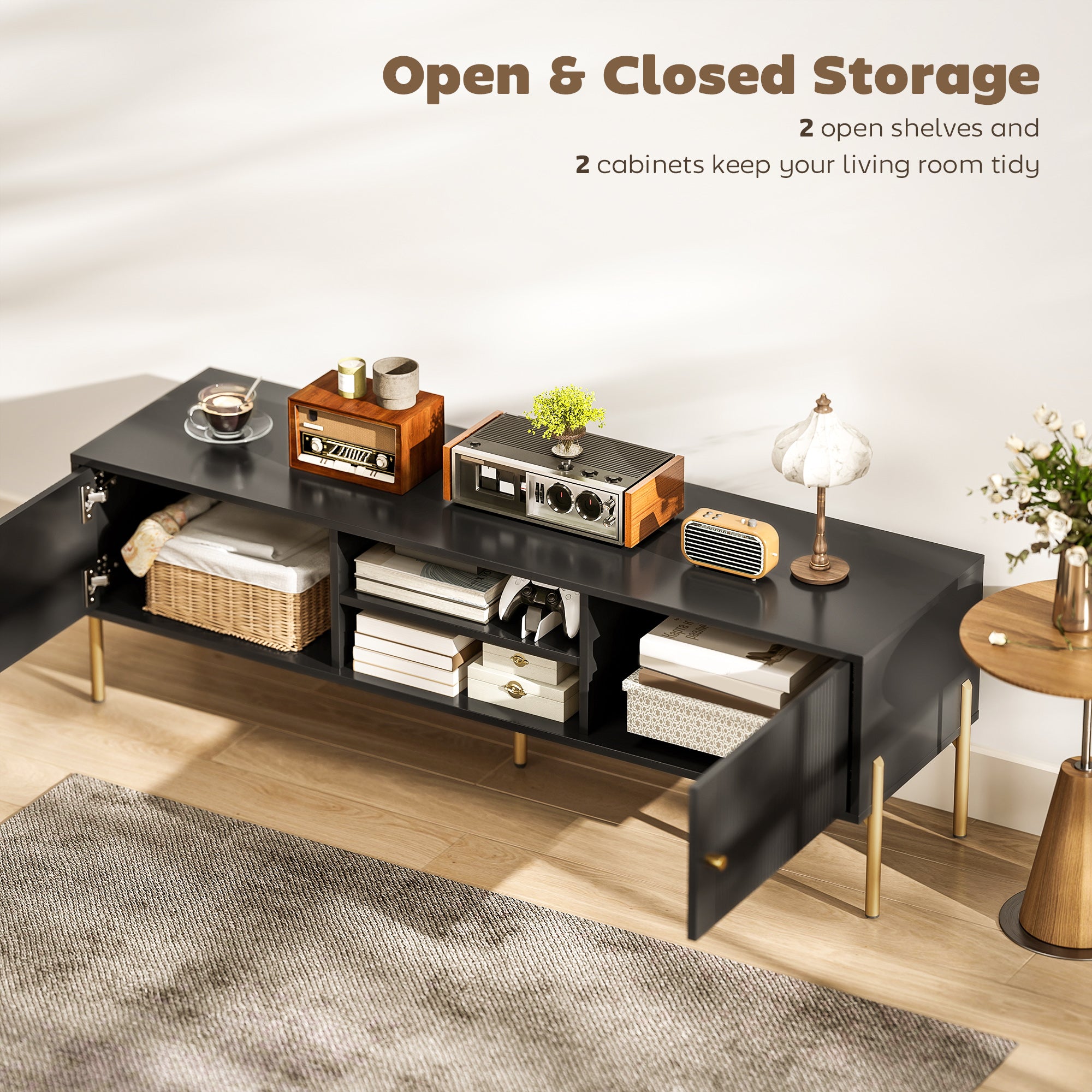 TV Stand for TVs up to 65", Entertainment Center with 2 Open Shelves, 2 Cabinets and Steel Legs for Living Room, Black