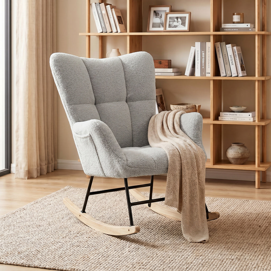 Rocking Chair, Teddy Fleece Rocker Chair with Tufted Wingback, Side Pockets, Rubber Wood Legs, Light Grey
