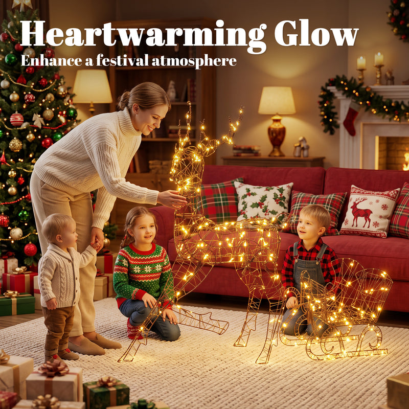 2-Piece Rattan Reindeer and Sleigh Christmas Light Set shown in a festive display