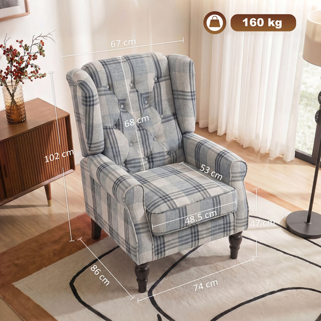 Faux Linen Armchair with Thick Spring Cushion, Wingback Accent Chair with High Back, Solid Wood Legs, Mixed Plaid