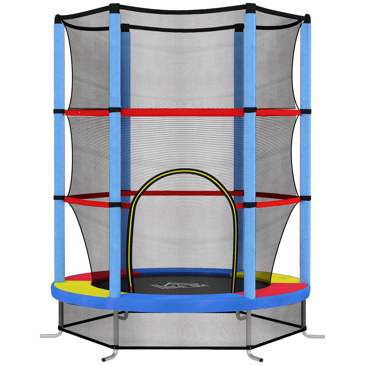 Multicoloured kids trampoline with enclosure net, padded poles and zipped entrance