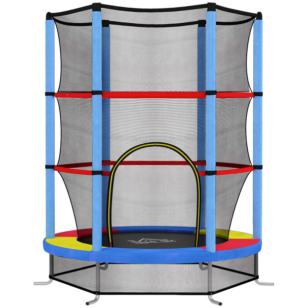 Multicoloured kids trampoline with enclosure net, padded poles and zipped entrance