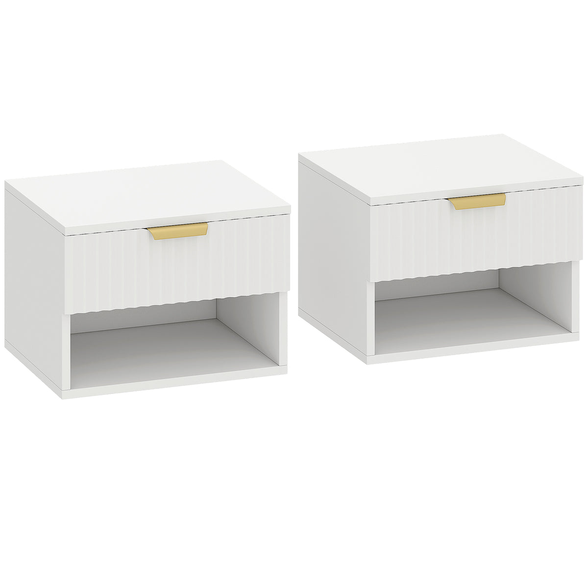 Set of 2 white floating bedside tables with fluted soft-close drawer, gold-tone handle and open shelf