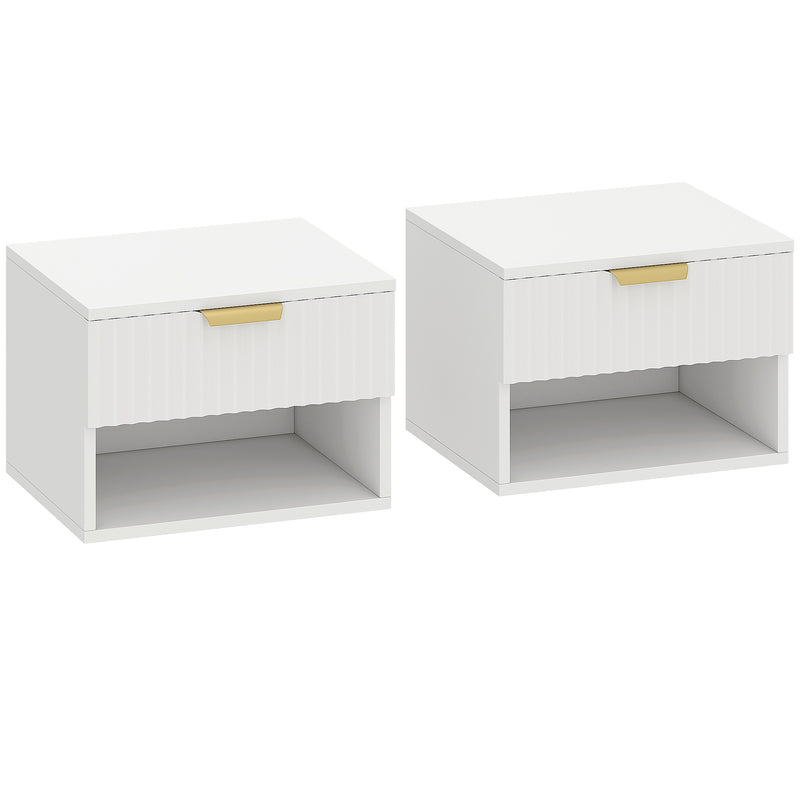 Set of 2 white floating bedside tables with fluted soft-close drawer, gold-tone handle and open shelf