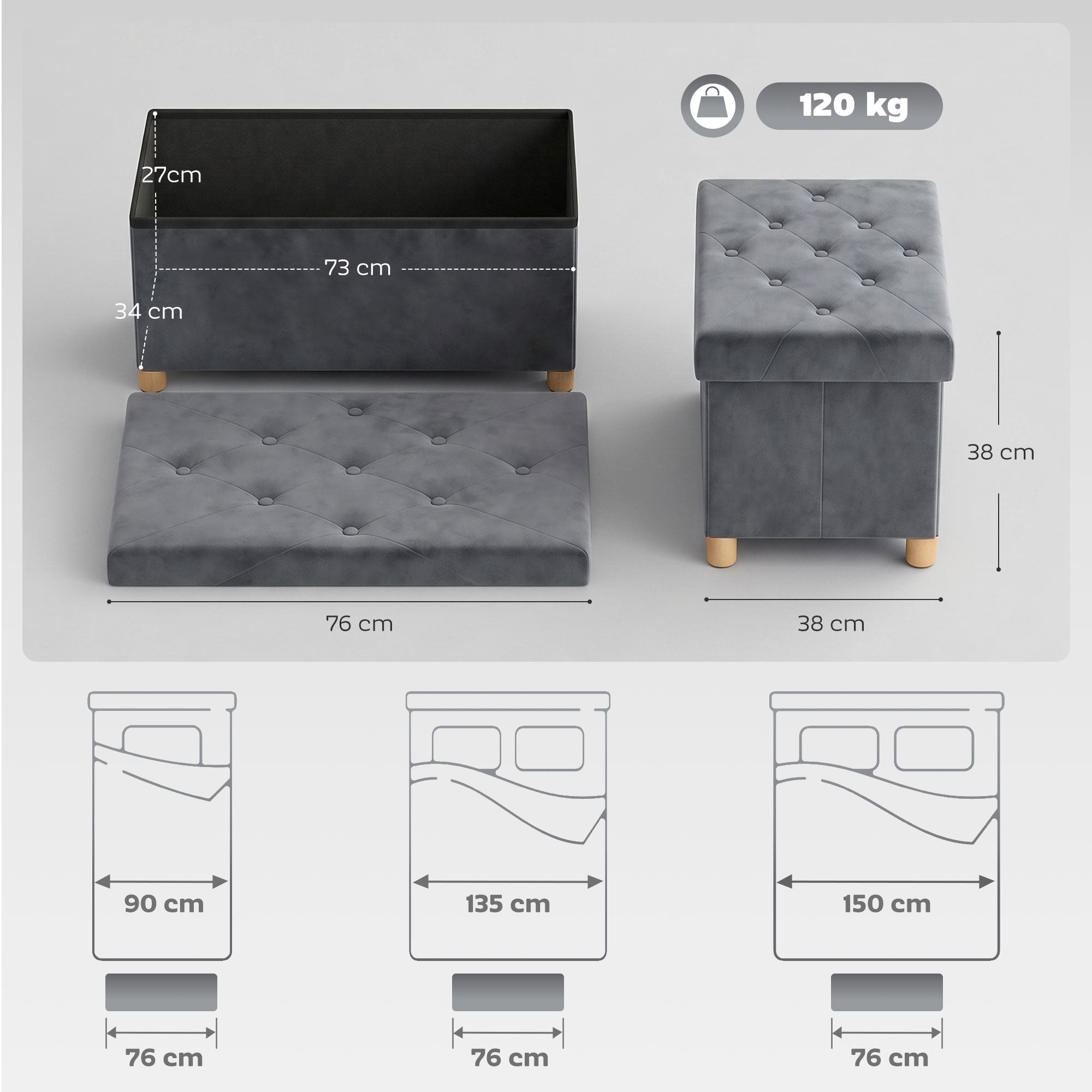Velvet Upholstered Foldable Ottoman Footrest, Storage Ottoman Bench with Wood Legs for Living Room, Grey