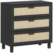 Wood-effect chest of three drawers with rattan panels and black accents