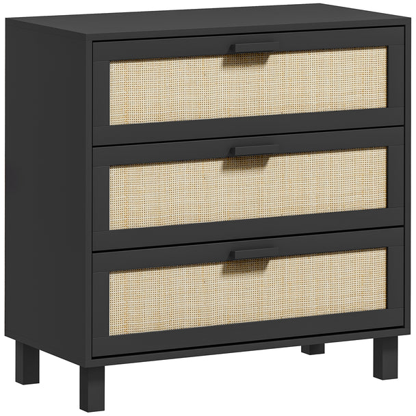 Wood-effect chest of three drawers with rattan panels and black accents