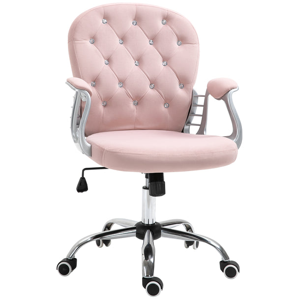 Pink velvet swivel desk chair with diamanté-studded curved back, armrests and chrome base