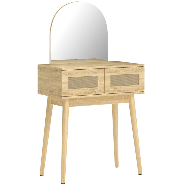 Natural wood-effect dressing table with arched mirror and two rattan-front drawers