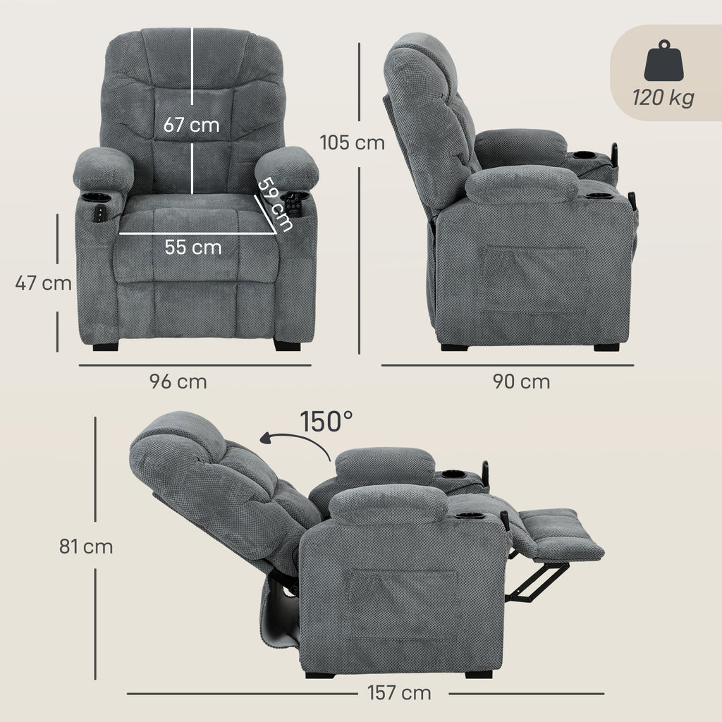 Recliner Armchair with Vibration Massage, Heat, Whisper-Quiet Motor, Memory Function, Power Reclining Chair, Dark Grey