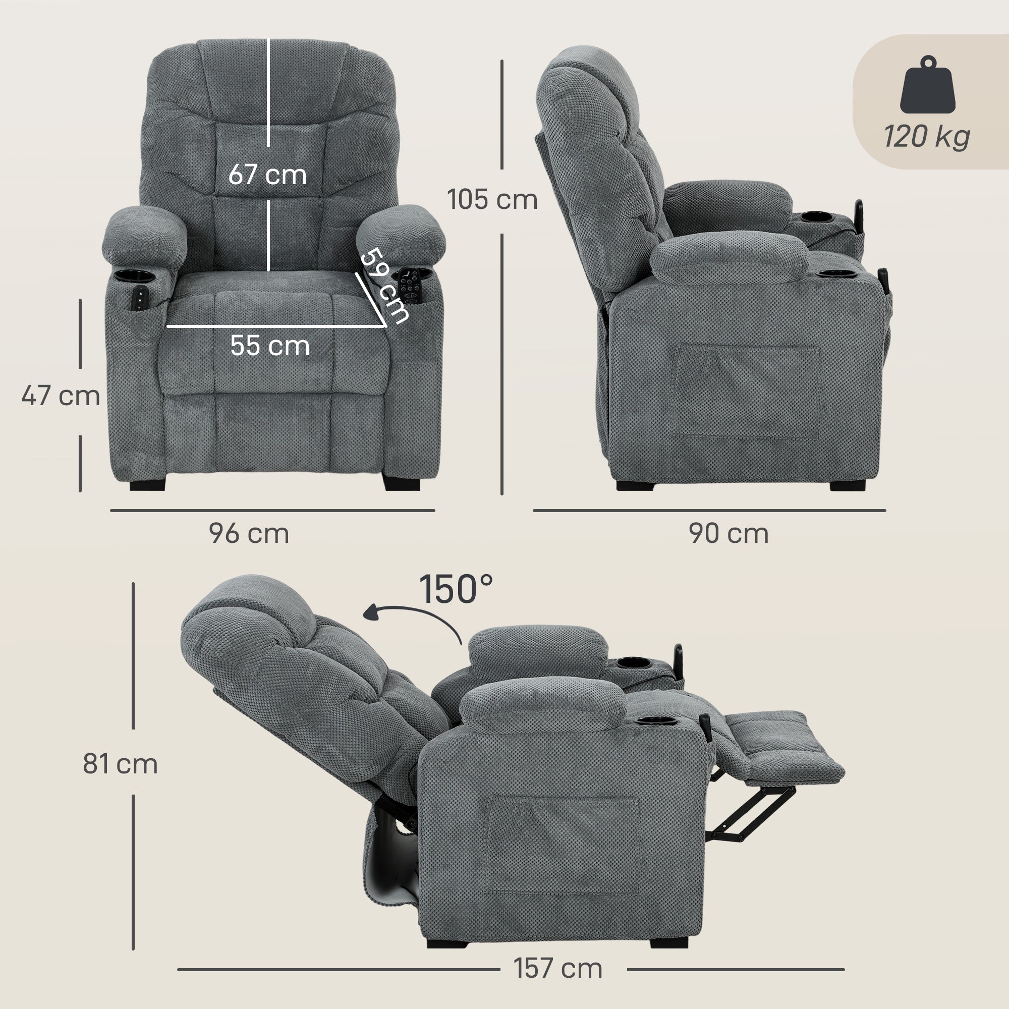 Recliner Armchair with Vibration Massage, Heat, Whisper-Quiet Motor, Memory Function, Power Reclining Chair, Dark Grey