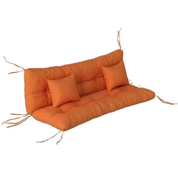 Orange 3-seater seat and back cushion set with 2 pillows, 150 x 50 cm, on a garden bench