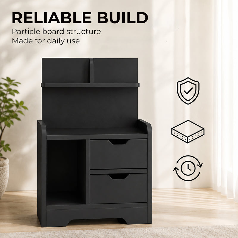 HOMCOM Bedside Table, Small Bedside Cabinet with 2 Drawers and Storage Shelves for Bedroom, Black Wood Effect – view 6