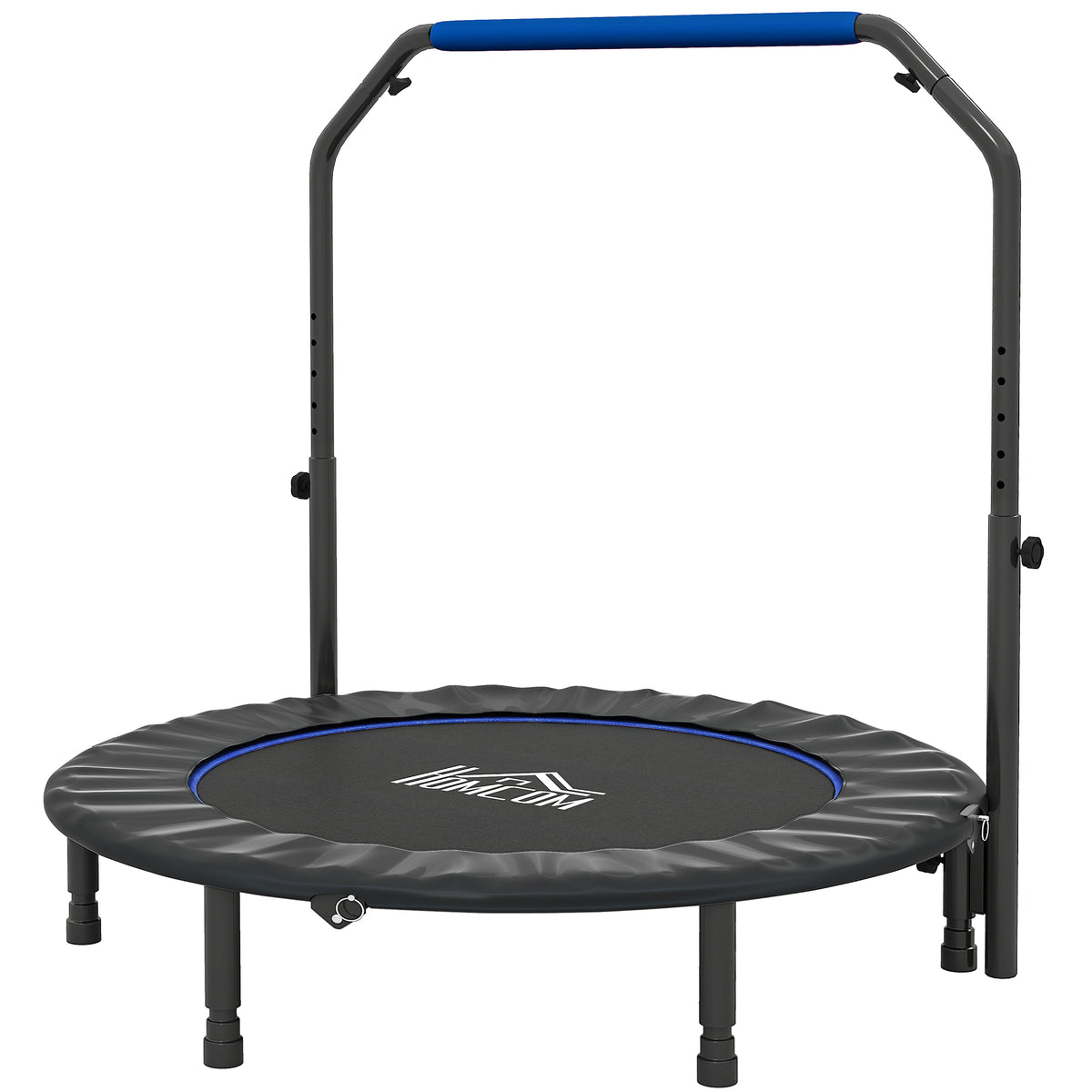 Blue 48-inch foldable mini fitness trampoline with adjustable foam-padded handlebar and six legs