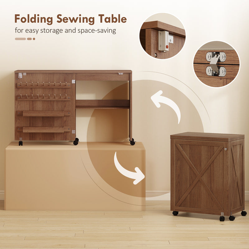 HOMCOM Folding Sewing Table, Rolling Craft Table with Storage compartments, Shelf and Lockable Casters for Small – view 5