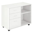 White mobile printer stand with three drawers, two open shelves and castor wheels