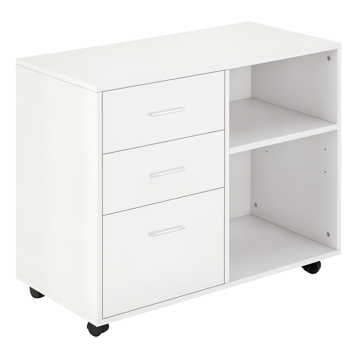 White mobile printer stand with three drawers, two open shelves and castor wheels