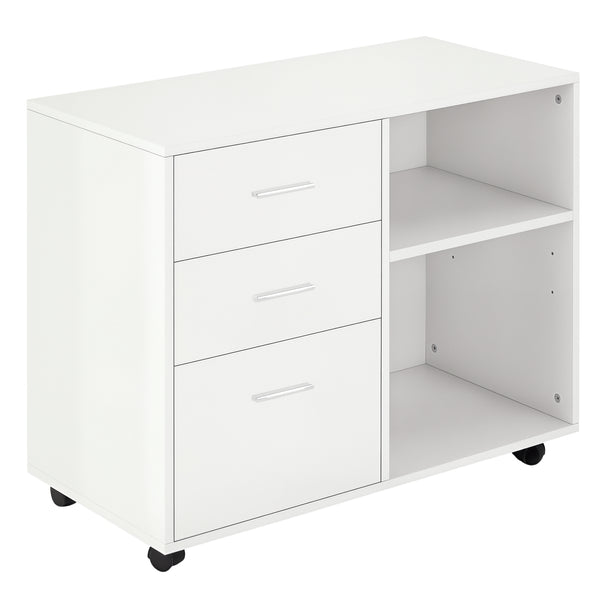 White mobile printer stand with three drawers, two open shelves and castor wheels