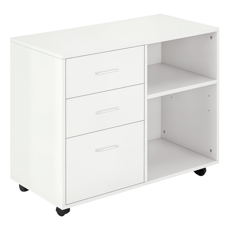 White mobile printer stand with three drawers, two open shelves and castor wheels