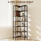 6-Tier L-Shaped Bookshelf, Freestanding Corner Bookcase with Metal Frame, Rustic Brown