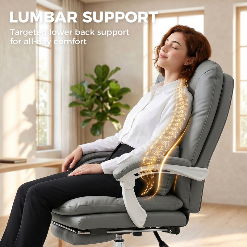HOMCOM Ergonomic Executive Office Chair, Reclining Desk Chair with Lumbar Support, Footrest, Plush Thick Cushion, Grey – view 7