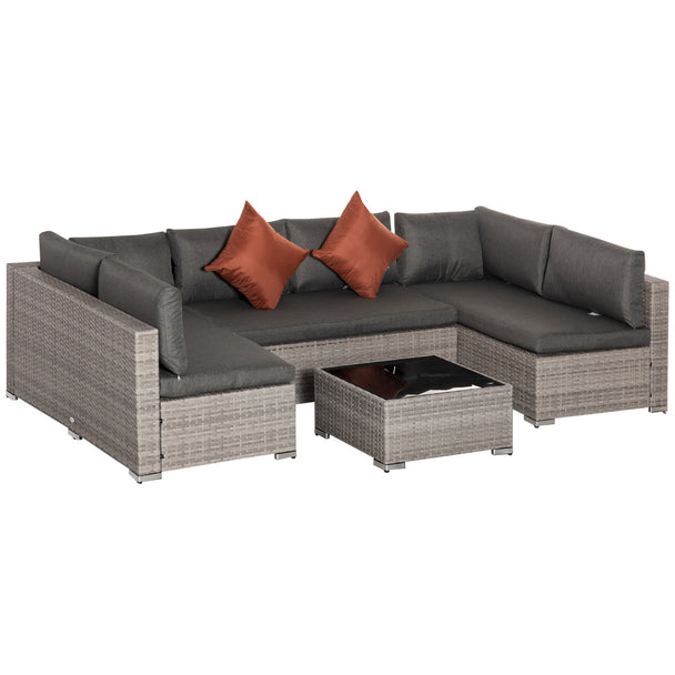 Deep grey 4-piece half-square rattan sofa set with grey cushions and black glass coffee table