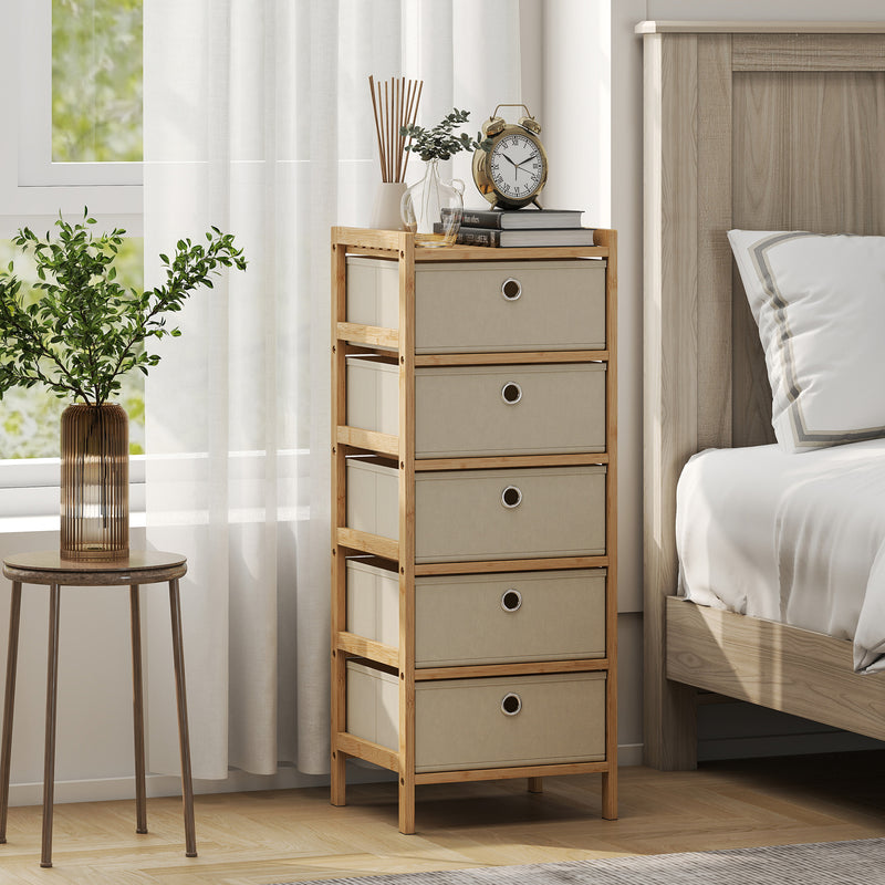 HOMCOM Chest of Drawers, 5 Fabric Drawers Narrow Dresser with Bamboo Frame, Cream White – view 2