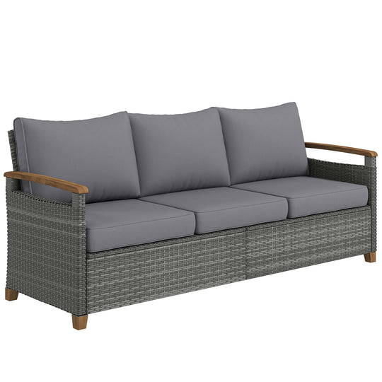Dark grey 3-seater deep-seat rattan garden sofa with thick cushions and curved wood-effect arms
