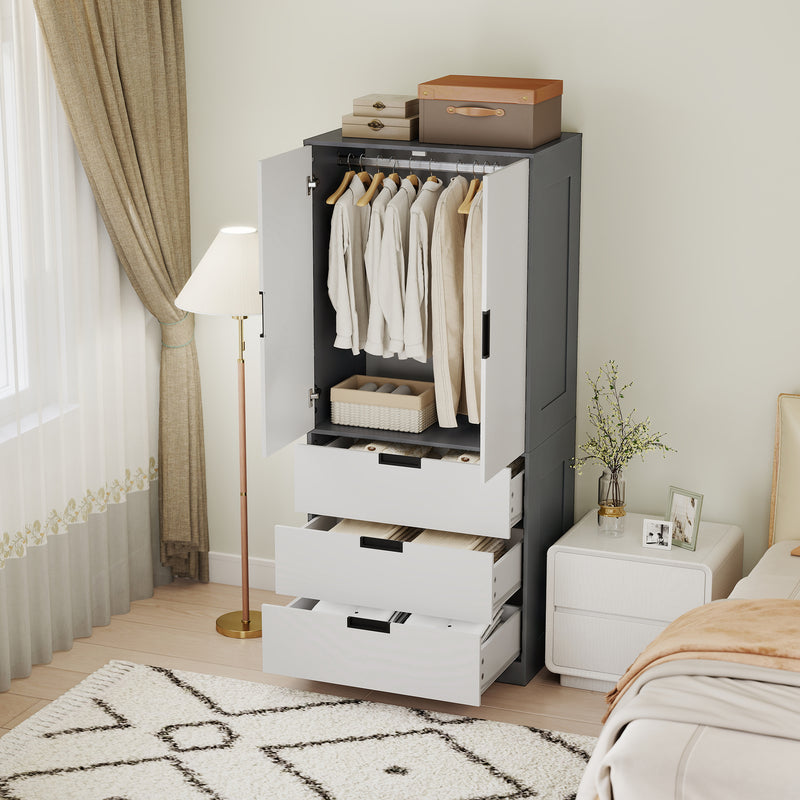 HOMCOM Modern Clothes Storage Cupboard Unit, 3 Drawer 2 Door Wardrobe with Hanging Rod, Grey – view 7