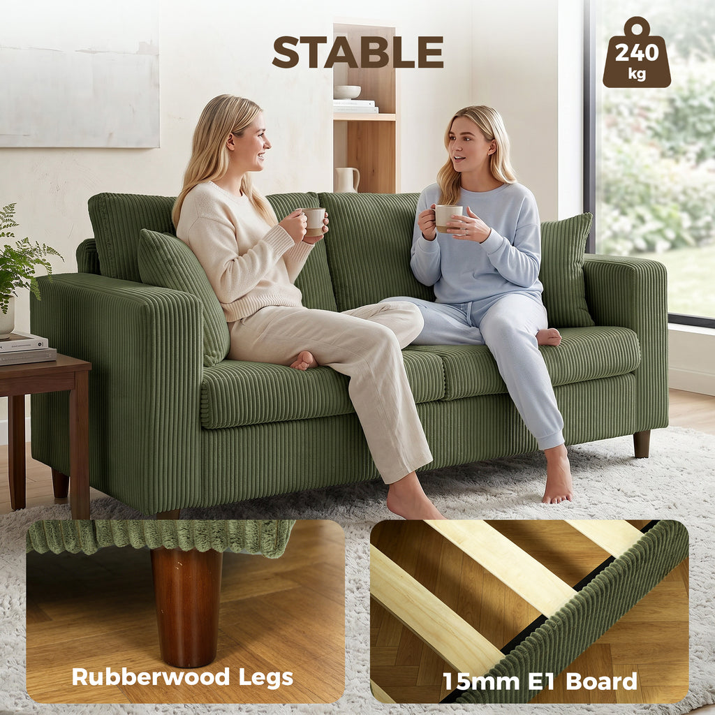 Loveseat Sofa with Wide Seat, Corduroy 2 Seater Couch with Deep Seat, Spring Cushion, Green