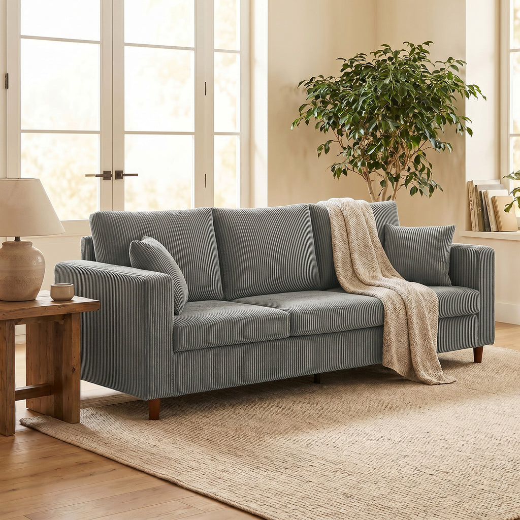 3 Seater Sofa with Wide Seat, Corduroy Fabric Couch with Deep Seat, Spring Cushion, Light Grey