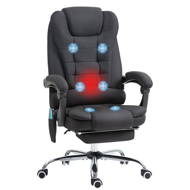 Black linen-feel heated massage office chair with padded arms, side remote pocket and footrest