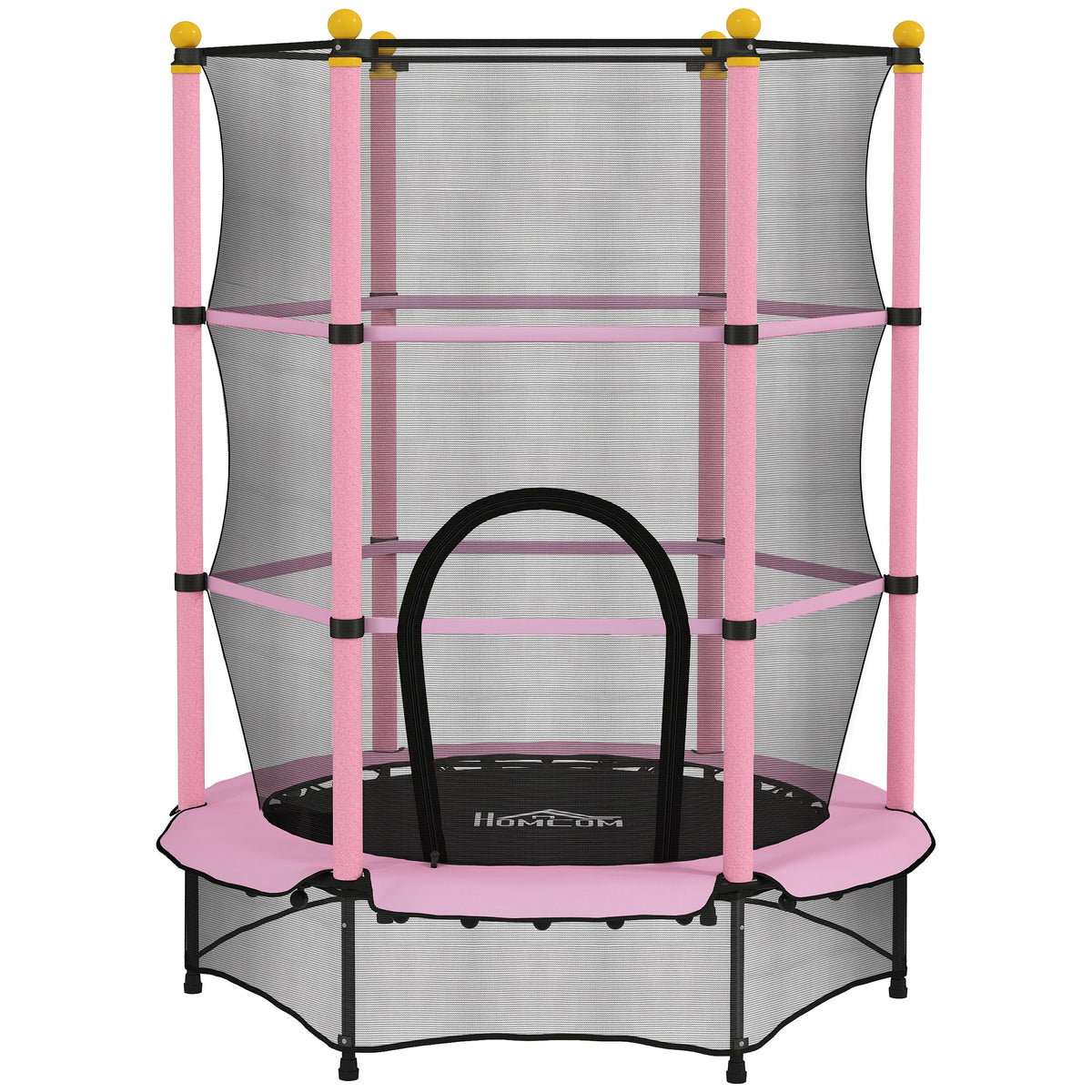 Pink 4.6ft kids trampoline with enclosure net, padded poles and zipped door