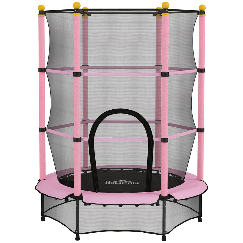 Pink 4.6ft kids trampoline with enclosure net, padded poles and zipped door