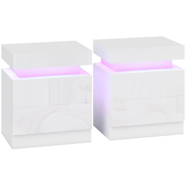 Set of 2 white bedside tables with 2 drawers, high gloss front and colour-changing LED light