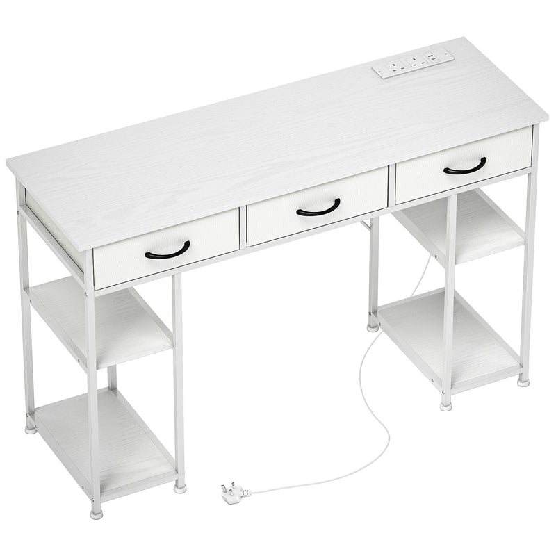 HOMCOM 120cm Computer Desk with Power Outlets, Office Desk Study Table with 3 Fabric Drawers and 4 Storage Shelves