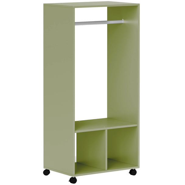 Green 60 cm open wardrobe on wheels with hanging rail and two shelves