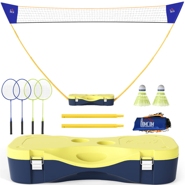 Yellow and blue folding badminton net set with four rackets, shuttlecocks and carry case