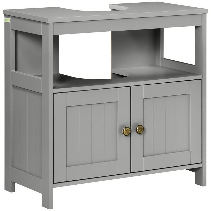 Light grey farmhouse-style under sink cabinet with double doors, open shelf and bronze-tone handles