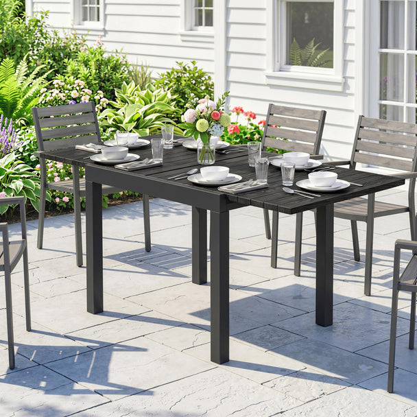 Outsunny Extending Garden Table for 4-6, Aluminium Outdoor Dining Table with Faux Wood Slatted Top, Black – view 2