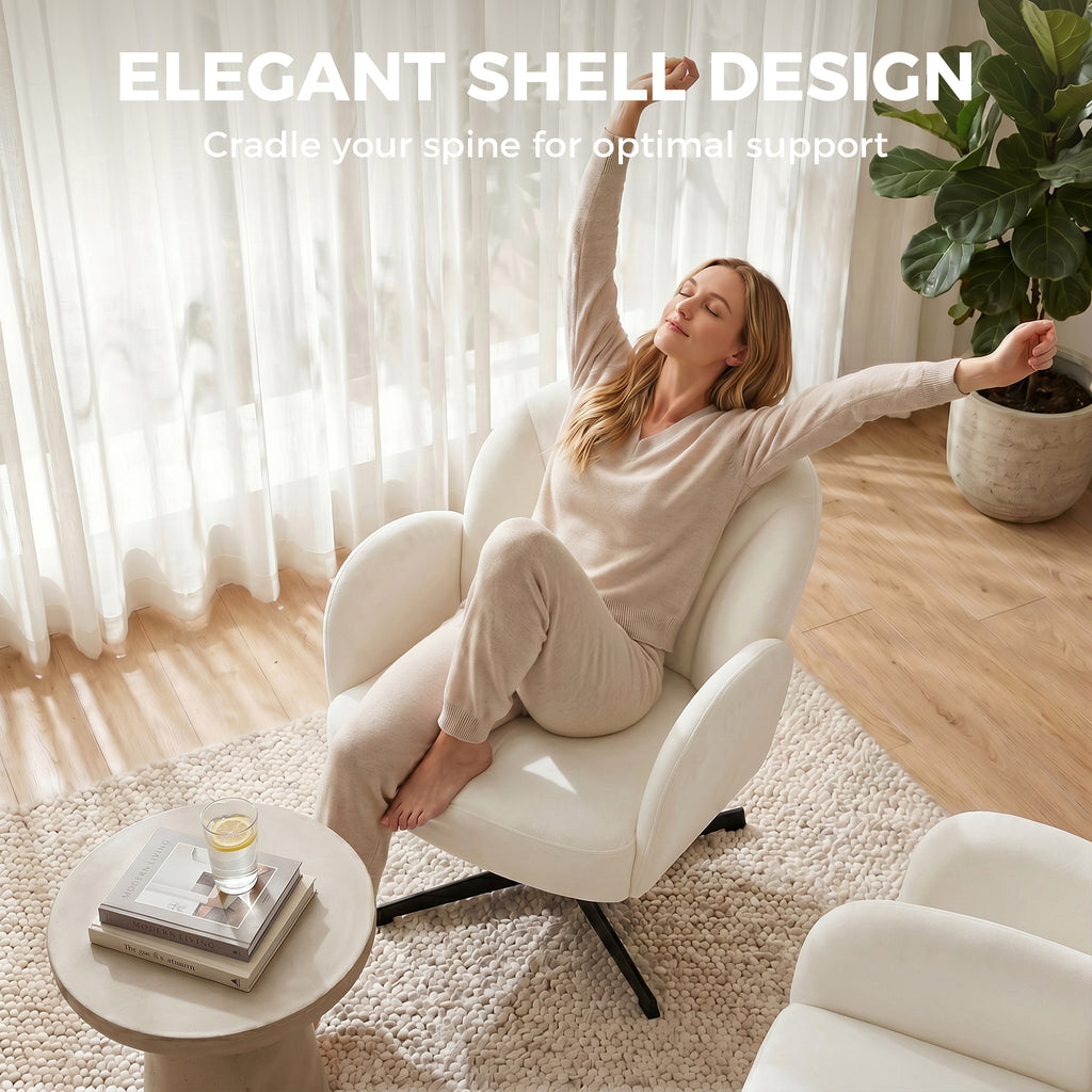 Swivel Accent Chair, Shell-Shaped Armchair with Spring Cushion, Metal Base, Cream White