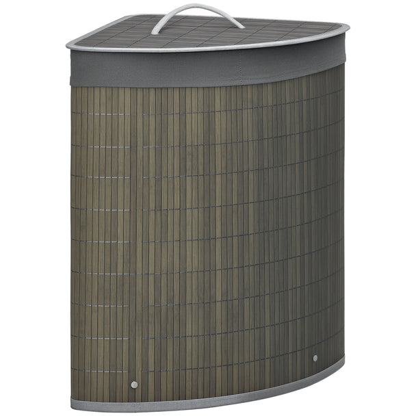 Grey bamboo triangular corner laundry basket with lid