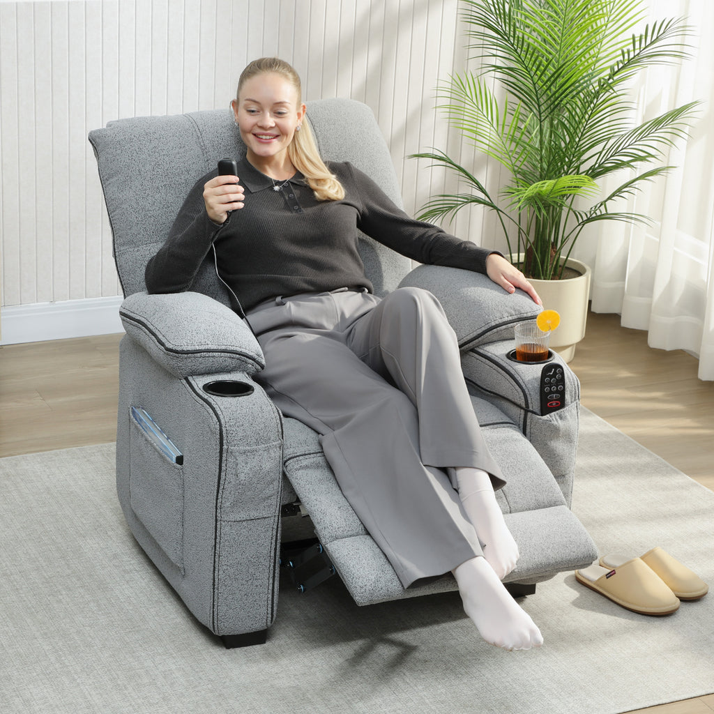 Electric Massage Recliner Armchair with Vibration, Heat, Whisper-Quiet Motor, Memory Function, Velvet Power Reclining Chair with Spring Pack, USB Port, Footrest, Side Pockets, Cup Holders, Grey