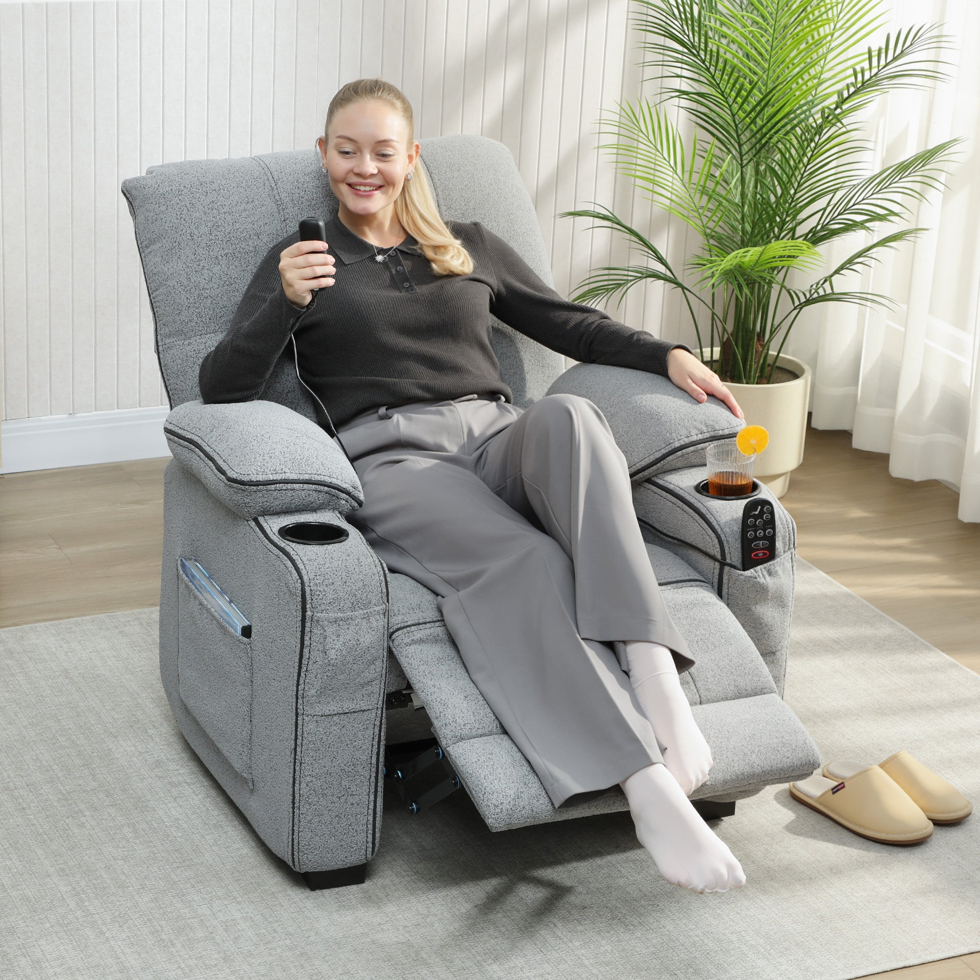Electric Massage Recliner Armchair with Vibration, Heat, Whisper-Quiet Motor, Memory Function, Velvet Power Reclining Chair with Spring Pack, USB Port, Footrest, Side Pockets, Cup Holders, Grey