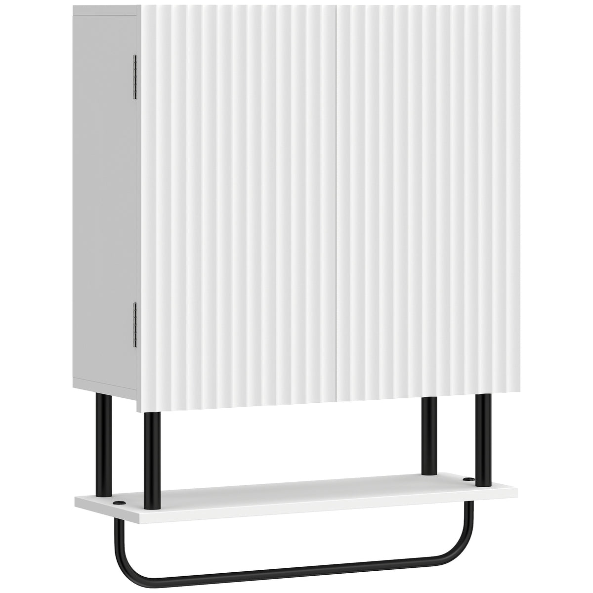White wall-mounted bathroom cabinet with wavy double doors, open shelf and towel rail