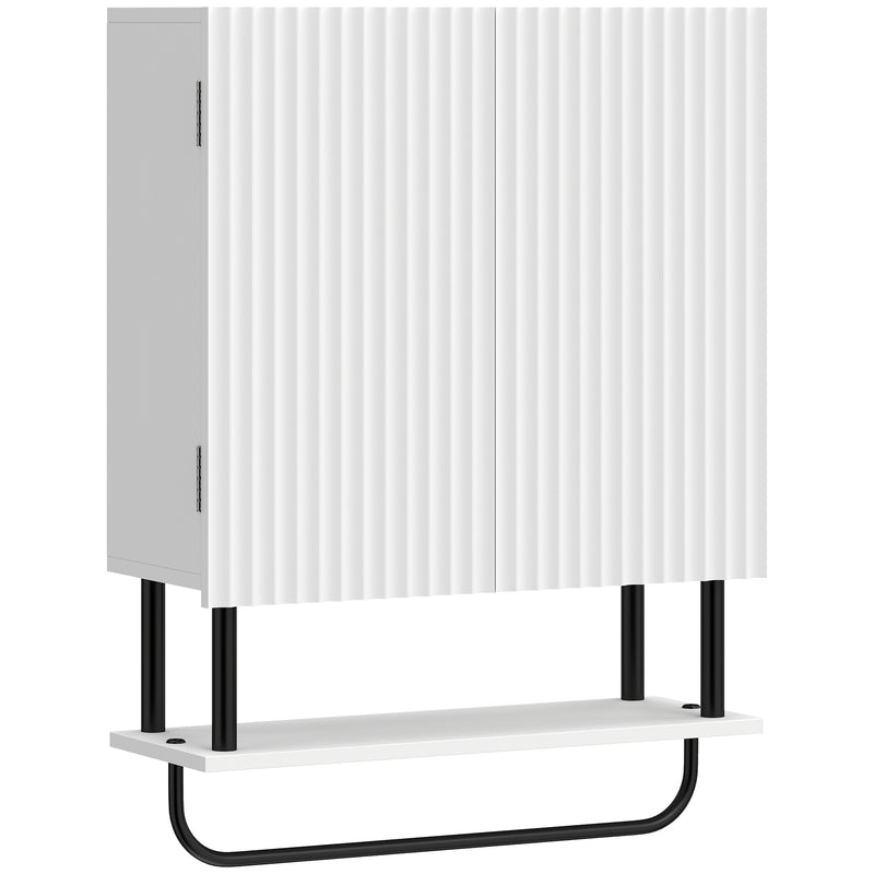 White wall-mounted bathroom cabinet with wavy double doors, open shelf and towel rail