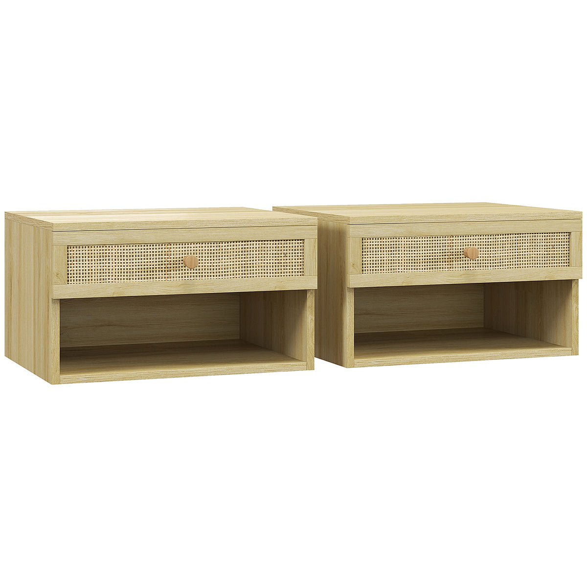 Pair of wall-mounted natural wood bedside tables with rattan-panel drawers and open shelves