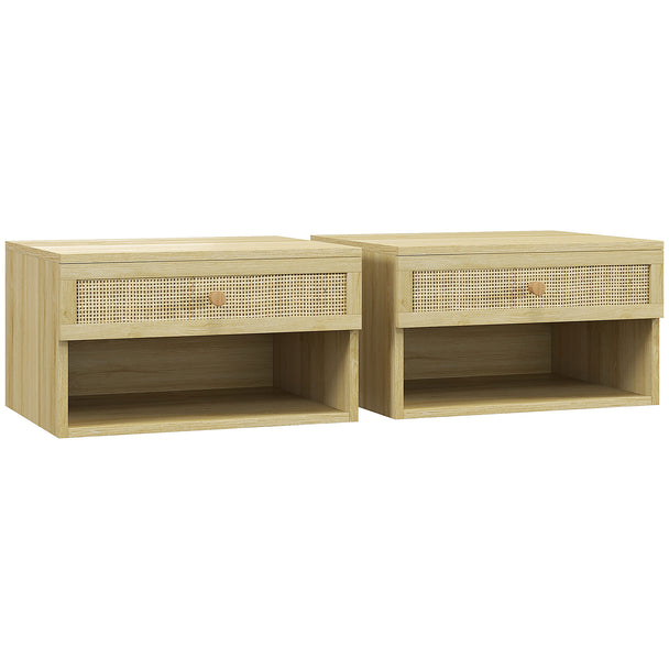 Pair of wall-mounted natural wood bedside tables with rattan-panel drawers and open shelves